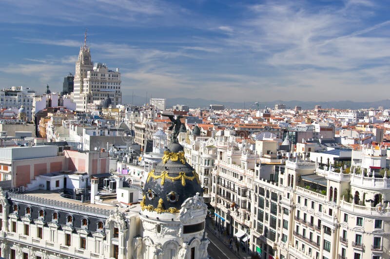 Opinión aérea Calle Gran Via en Madrid, España fotografía de archivo Opinión aérea Calle Gran Via en Madrid, España fotografía de archivo