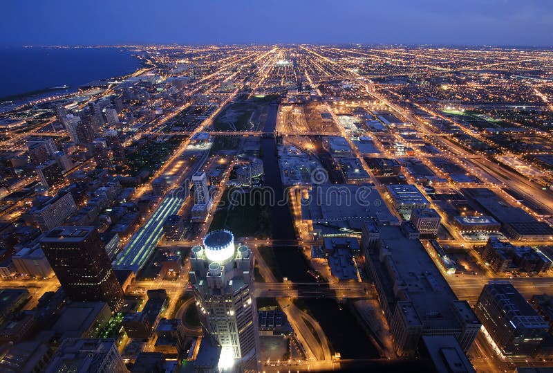 Night time aerial view of Chicago Illinois. Night time aerial view of Chicago Illinois