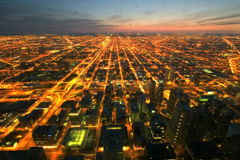 Night time aerial view of Chicago Illinois. Night time aerial view of Chicago Illinois