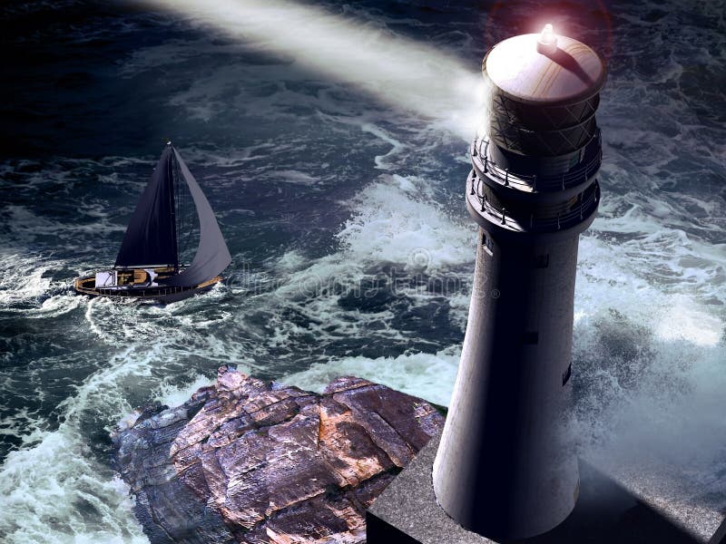 Aerial view close to a lighthouse tower projecting its light over the ocean, as a sailboat approaches. Aerial view close to a lighthouse tower projecting its light over the ocean, as a sailboat approaches.