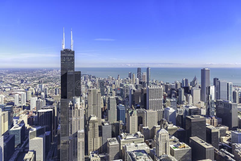 Chicago skyline panorama aerial view with skyscrapers and city skyline at Michigan lakefront. Chicago skyline panorama aerial view with skyscrapers and city skyline at Michigan lakefront