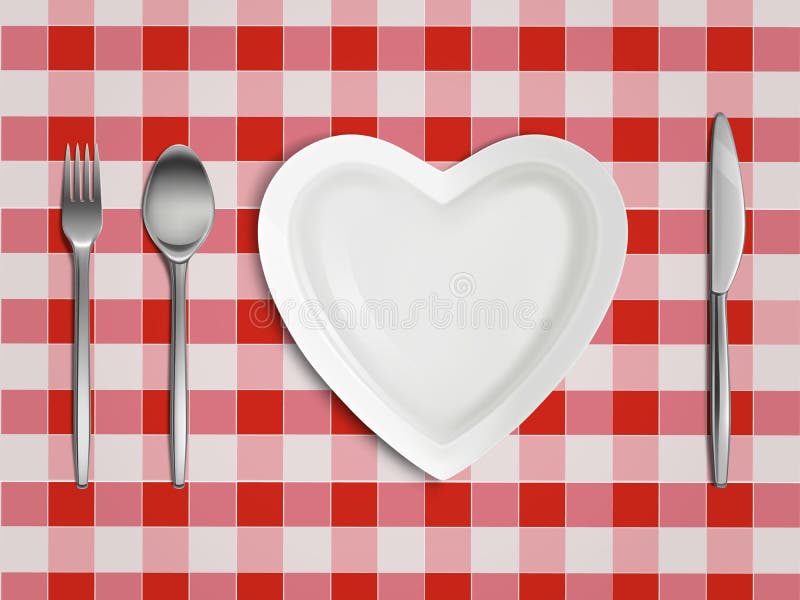 Opinión de top en forma de corazón de la placa, de la bifurcación, de la cuchara y del cuchillo stock de ilustración
