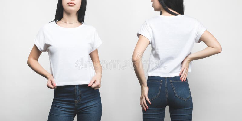 opinión delantera y trasera la mujer joven en camiseta en blanco fotografía de archivo libre de regalías opinión delantera y trasera la mujer joven en camiseta en blanco fotografía de archivo libre de regalías