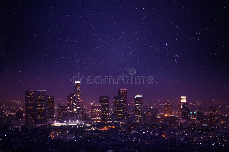 Beautiful night cityscape view of Los Angeles from Griffith Observatory with lights and shine of stars in the USA. Beautiful night cityscape view of Los Angeles from Griffith Observatory with lights and shine of stars in the USA