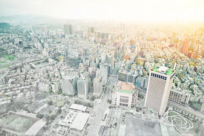 Opinión moderna panorámica del edificio del paisaje urbano de Taipei, Taiwán Ejemplo dibujado mano del bosquejo de la mezcla stock de ilustración Opinión moderna panorámica del edificio del paisaje urbano de Taipei, Taiwán Ejemplo dibujado mano del bosquejo de la mezcla stock de ilustración