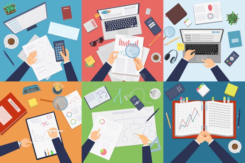 Opinión superior del lugar de trabajo Funcionamiento profesional del hombre de negocios en la tabla que analiza documentos en imá stock de ilustración Opinión superior del lugar de trabajo Funcionamiento profesional del hombre de negocios en la tabla que analiza documentos en imá stock de ilustración