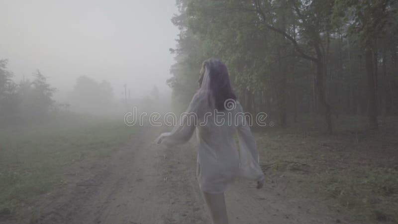 Opinión trasera la mujer hermosa en pelo púrpura y la camisa blanca que corren en el bosque - escena de la novela de suspense almacen de metraje de vídeo