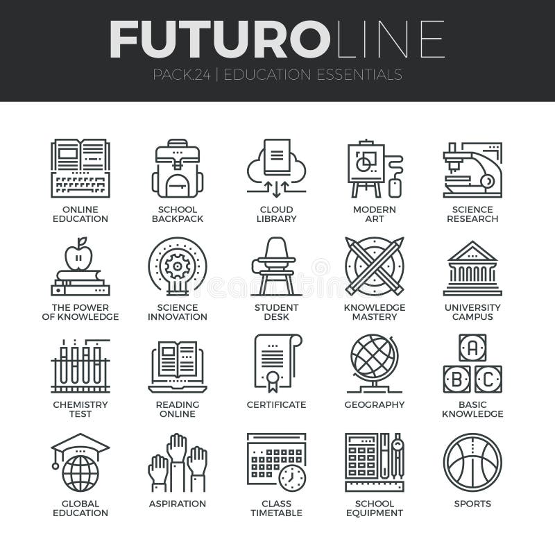 Opleiding en onderwijs Futuro Geplaatste Lijnpictogrammen vector illustratie Opleiding en onderwijs Futuro Geplaatste Lijnpictogrammen vector illustratie