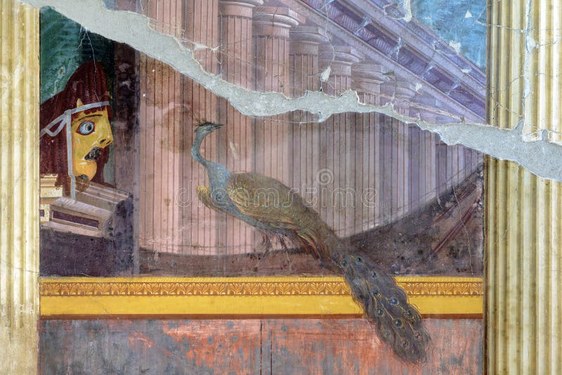 Oplontis Villa of Poppea - Salon, Fresco with a tragic mask and a peacock  1