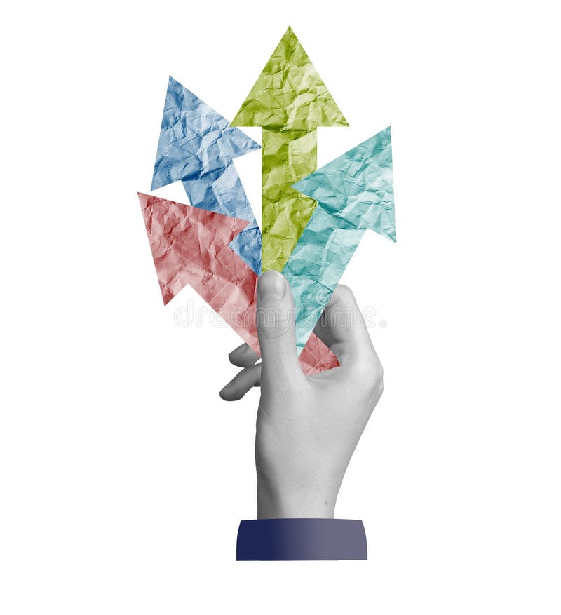 Opportunity and aspiration. A hand holding arrows pointing in different directions, representing royalty free stock photo