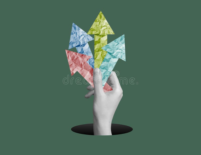 Opportunity and motivation to choose the right path. A hand holding multiple options, pointing stock images