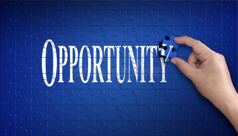 Opportunity word on Jigsaw puzzle. Man hand holding a blue puzzle to complete the word Opportunity divided over them conceptual o stock photo Opportunity word on Jigsaw puzzle. Man hand holding a blue puzzle to complete the word Opportunity divided over them conceptual o stock photo