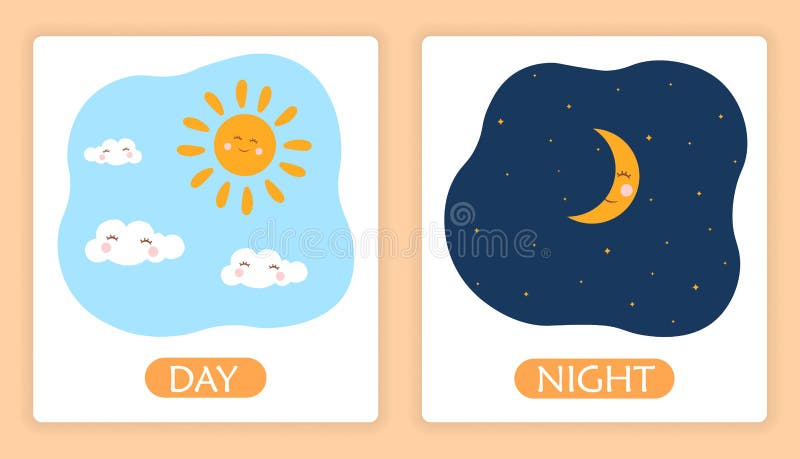 Opposite Adjective Words with Day and Night on White Background Stock ...