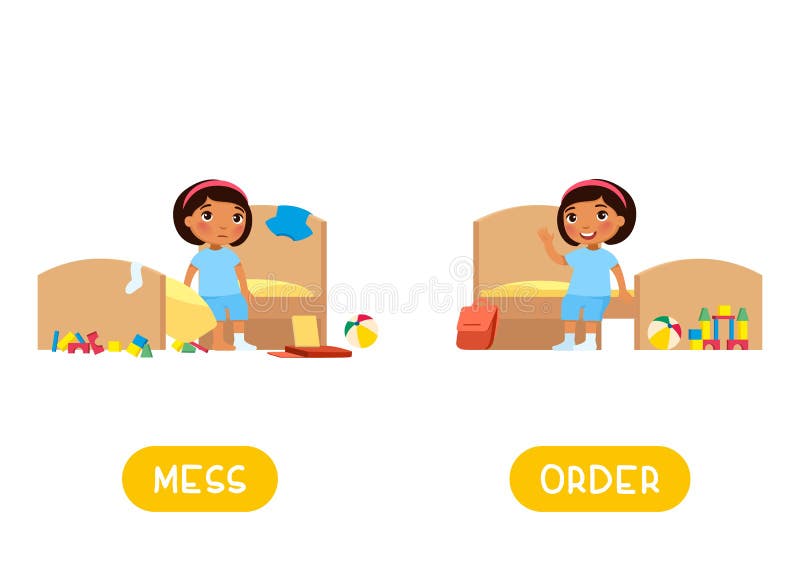 Opposites concept, MESS and ORDER. Childish word card for English learning vector template. stock illustration