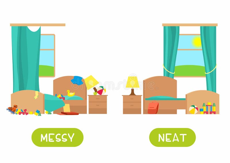 Opposites concept, messy and neat. Childish word card for English learning vector template. stock illustration