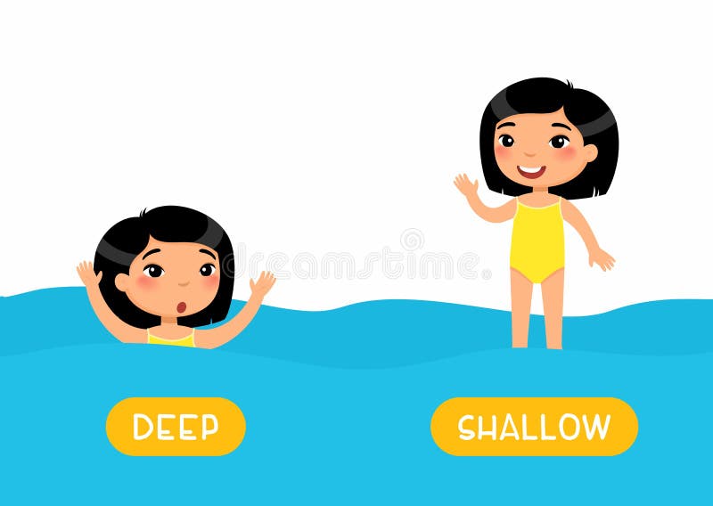 Opposites, DEEP and SHALLOW words. Educational english flash card with antonyms flat vector template.