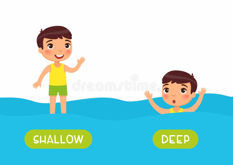 Opposites, deep and shallow words. Little boy swimming cartoon illustration.