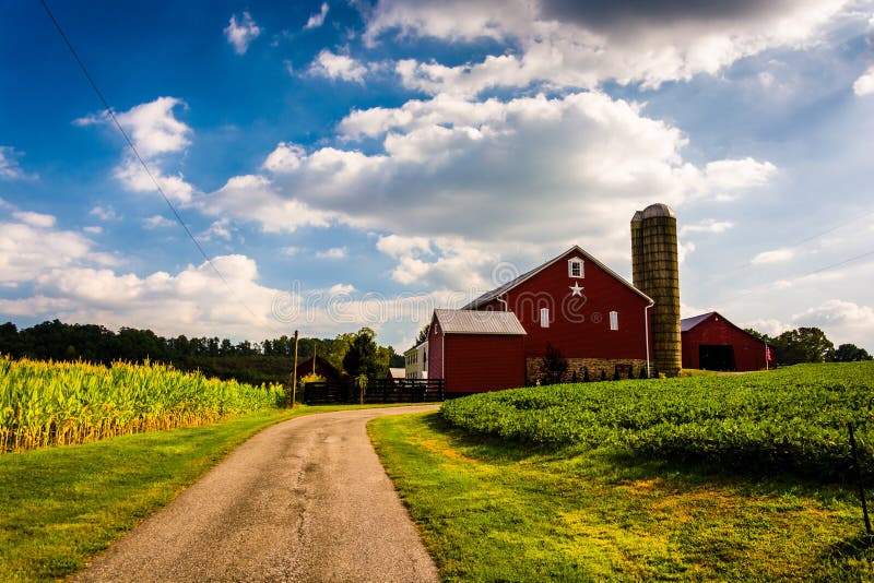 Oprijlaan en rode schuur in de landelijke Provincie van York, Pennsylvania stock afbeelding Oprijlaan en rode schuur in de landelijke Provincie van York, Pennsylvania stock afbeelding