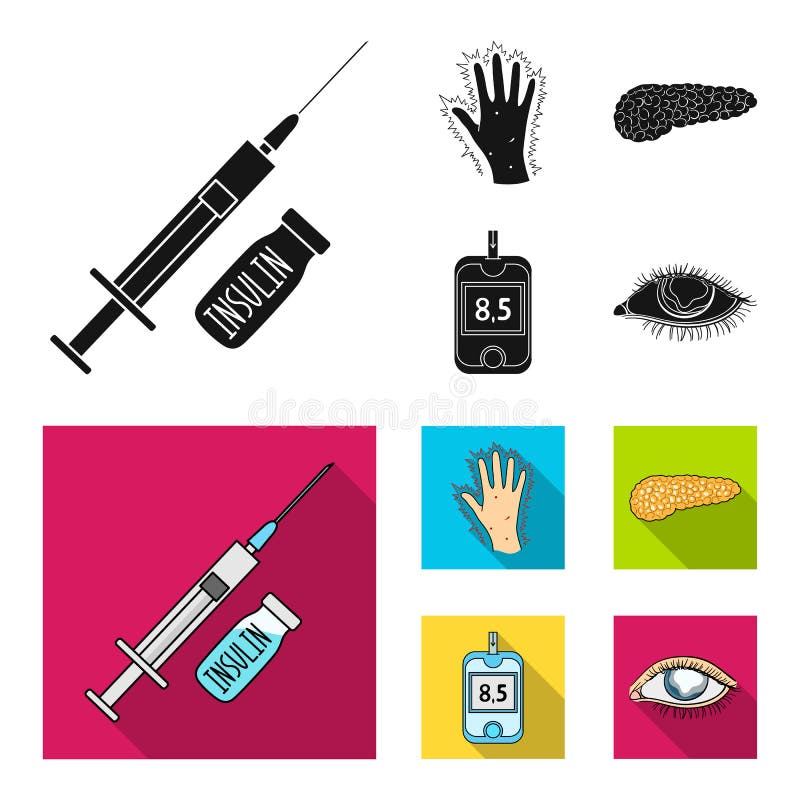 Opryskuje z insuliną, trzustka, glucometer, ręka cukrzyk Diabet ustalone inkasowe ikony w czarnym, mieszkanie stylowy wektor royalty ilustracja Opryskuje z insuliną, trzustka, glucometer, ręka cukrzyk Diabet ustalone inkasowe ikony w czarnym, mieszkanie stylowy wektor royalty ilustracja