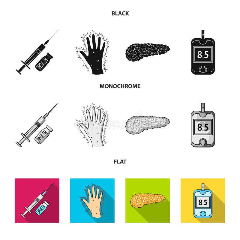 Opryskuje z insuliną, trzustka, glucometer, ręka cukrzyk Diabet ustalone inkasowe ikony w czarnym, płaski, monochromu styl ilustracji Opryskuje z insuliną, trzustka, glucometer, ręka cukrzyk Diabet ustalone inkasowe ikony w czarnym, płaski, monochromu styl ilustracji
