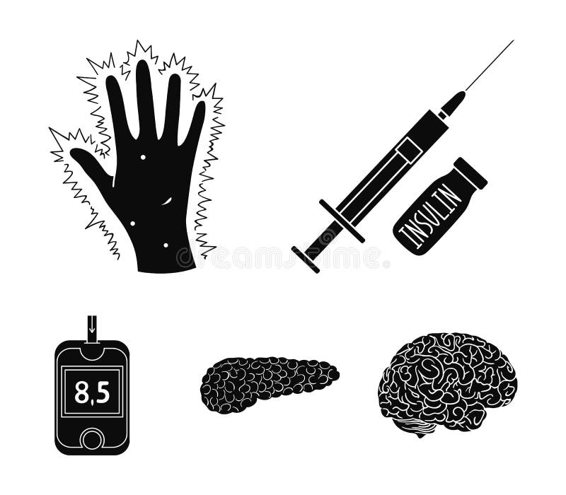 Opryskuje z insuliną, trzustka, glucometer, ręka cukrzyk Diabet ustalone inkasowe ikony w czerni projektują wektorowego symbol ilustracja wektor Opryskuje z insuliną, trzustka, glucometer, ręka cukrzyk Diabet ustalone inkasowe ikony w czerni projektują wektorowego symbol ilustracja wektor