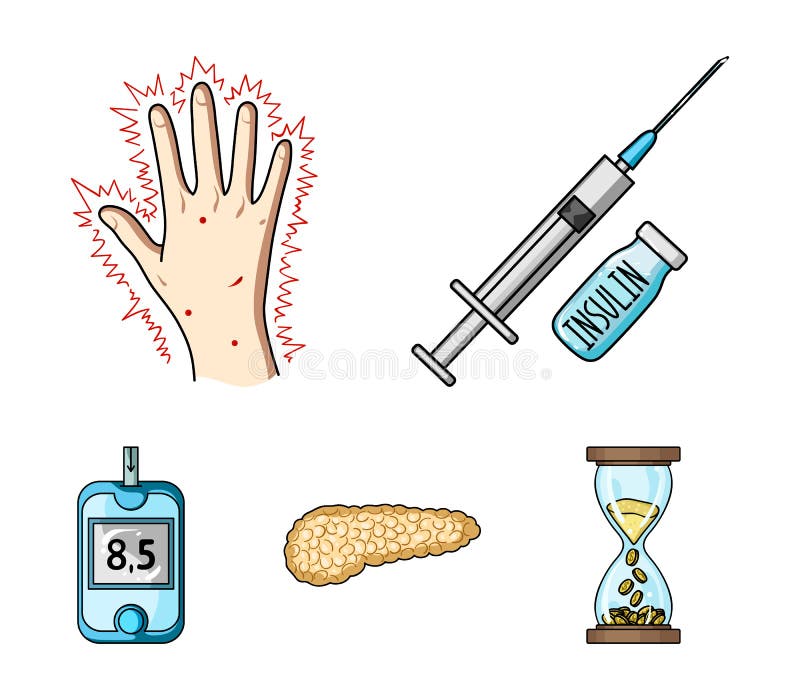 Opryskuje z insuliną, trzustka, glucometer, ręka cukrzyk Diabet ustalone inkasowe ikony w kreskówce projektują wektorowego symbol ilustracja wektor Opryskuje z insuliną, trzustka, glucometer, ręka cukrzyk Diabet ustalone inkasowe ikony w kreskówce projektują wektorowego symbol ilustracja wektor