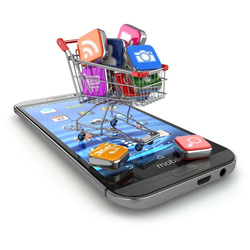 Store of mobile software. Smartphone apps icons in shopping cart. 3d. Store of mobile software. Smartphone apps icons in shopping cart. 3d