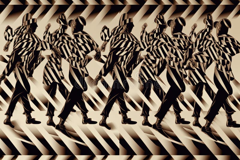 Optical illusion of a figure in motion, with the parts of the image moving in different directions stock photos