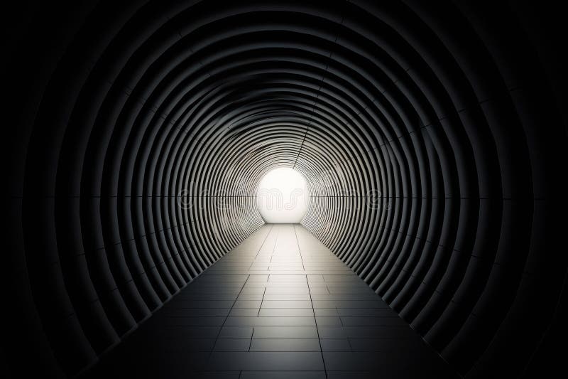 Optical illusion of a tunnel with light at the end, surrounded by darkness royalty free illustration