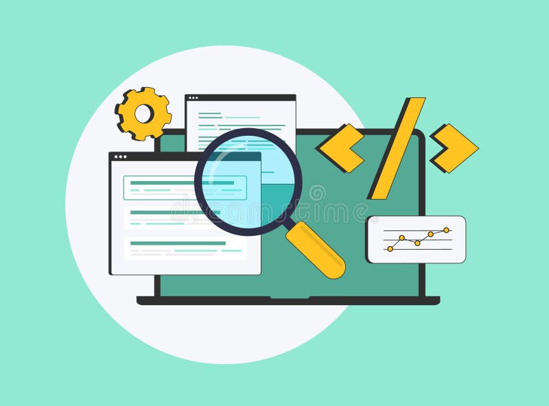 Optimierung der technischen Seo mit Website-Audit auf Seite seo Meta Tagoptimierung. Verbesserung der Durchlaufgeschwindigkeit am vektor abbildung