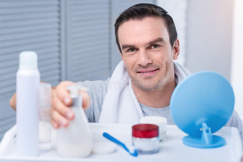 Optimistic Handsome Man Conducting Morning Ritual Stock Image Image Of Life Confidence 105378191