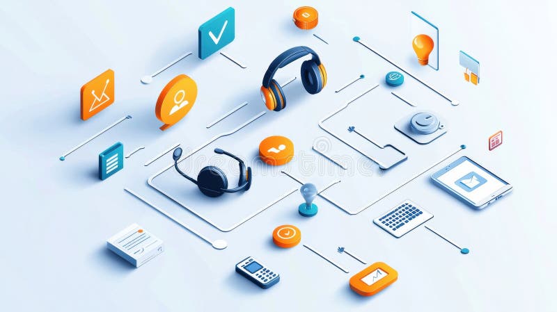 Optimized Technical Support and Customer Service Workflow Icons on White Background for Enhanced User Experience. This image showcases a clean white background filled with various icons representing optimized technical support and customer service workflows. These icons are designed to illustrate key concepts for improving user interactions and service efficiency in different scenarios