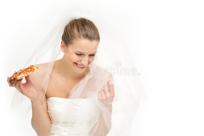 Option de tentation pour une jeune mariée - pizza image libre de droits Option de tentation pour une jeune mariée - pizza image libre de droits