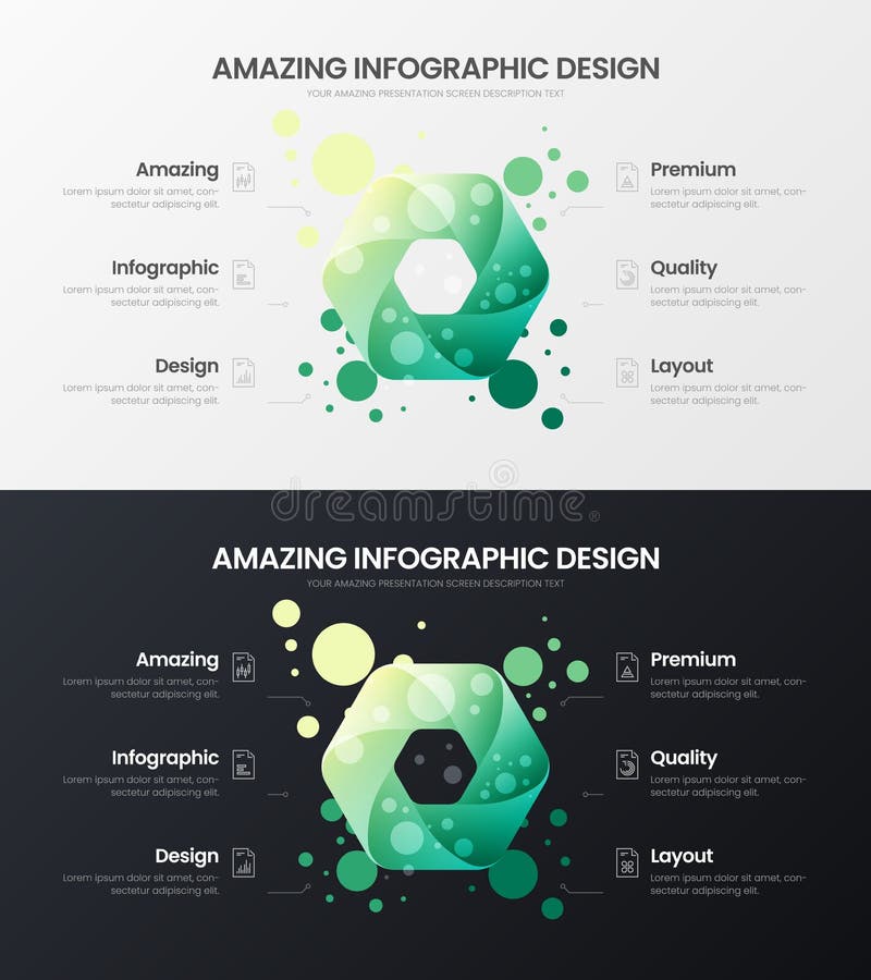 6 option hexahedron analytics vector illustration template set. Business data design layout.Organic statistics infographic bundle. royalty free illustration 6 option hexahedron analytics vector illustration template set. Business data design layout.Organic statistics infographic bundle. royalty free illustration