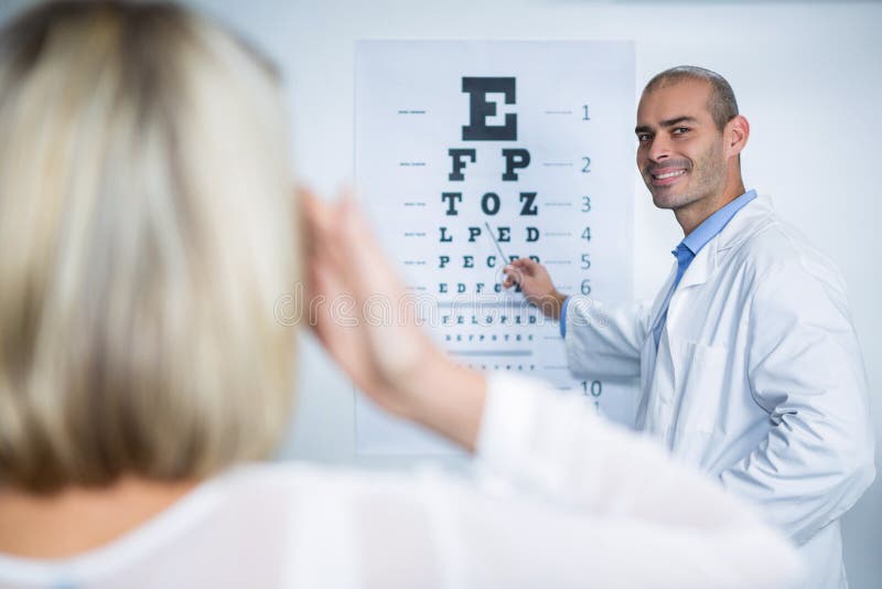 Optometrista maschio che prende la prova dell'occhio del paziente femminile fotografie stock libere da diritti