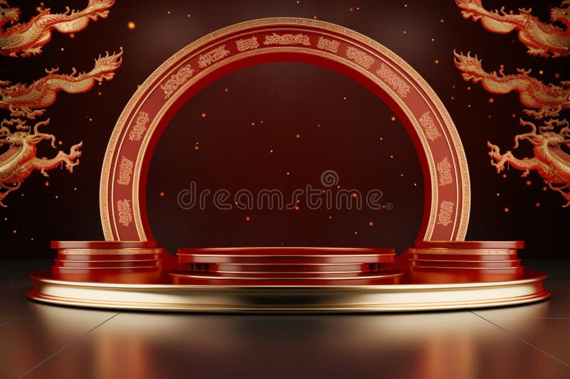 Opulent 3D rendering Round stage podium, Chinese New Year celebration stock illustration