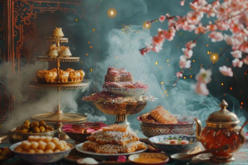 An opulent spread of traditional sweets and pastries set against a festive background with floating embers and cherry stock images