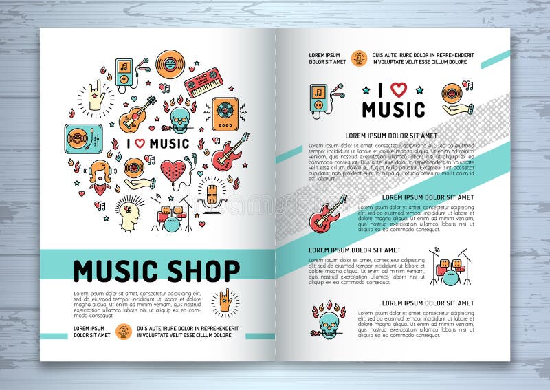 Opuscolo di musica, linea moderna stile di arte, copertura delle icone del modello illustrazione di stock Opuscolo di musica, linea moderna stile di arte, copertura delle icone del modello illustrazione di stock