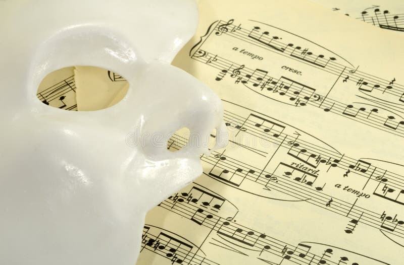 Photo of a Mask on Sheetmusic - Opera / Theater Concept. Photo of a Mask on Sheetmusic - Opera / Theater Concept