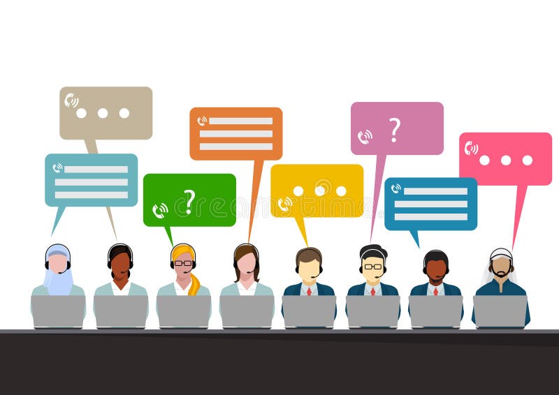 Opérateurs équipe, illustration au trait mince de centre d'appels communication d'Internet de bulle de causerie de groupe de pers illustration de vecteur