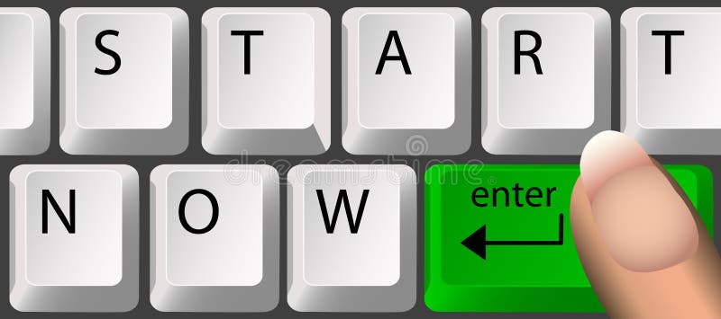 Keyboard, with a green Enter key, spells out'start now'. Clean render of a vector. Keyboard, with a green Enter key, spells out'start now'. Clean render of a vector.
