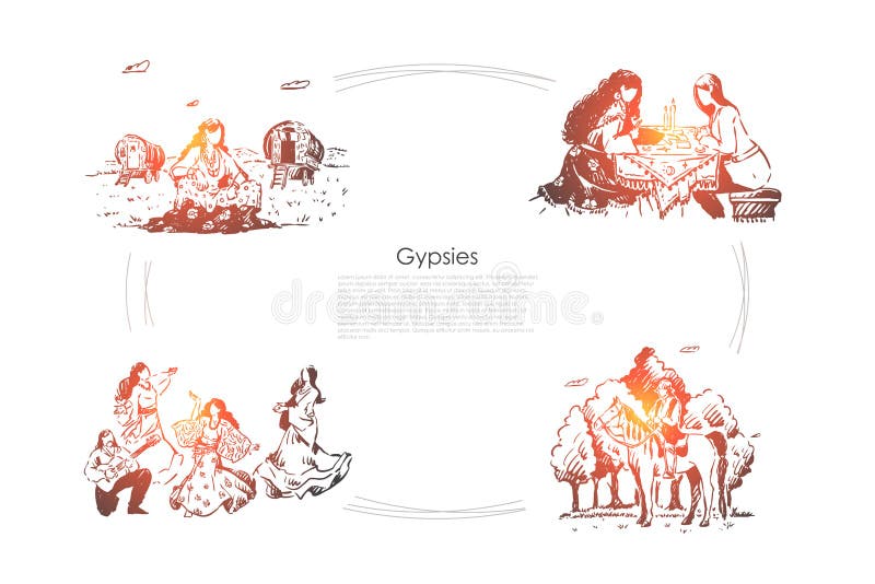 Oracle, αφήγηση τύχης, μελλοντικό divination, νέες γυναίκες στα φορέματα που χορεύουν, έμβλημα κιθάρων παιχνιδιού ανδρών ελεύθερη απεικόνιση δικαιώματος Oracle, αφήγηση τύχης, μελλοντικό divination, νέες γυναίκες στα φορέματα που χορεύουν, έμβλημα κιθάρων παιχνιδιού ανδρών ελεύθερη απεικόνιση δικαιώματος