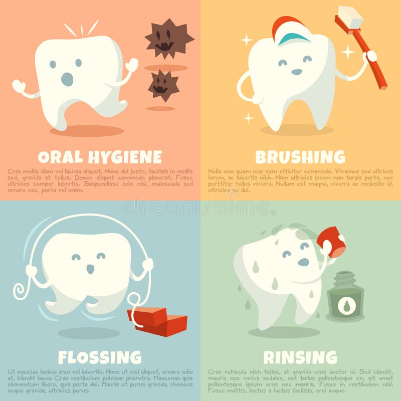 Oralnej higieny sztandary z ślicznym zębem Szczotkować, flossing i opłukiwać ilustracji Oralnej higieny sztandary z ślicznym zębem Szczotkować, flossing i opłukiwać ilustracji