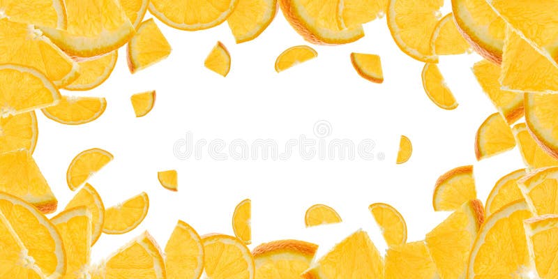 Orange abstract pattern. Citrus fruit slices flight in air. Tangerine falling background.