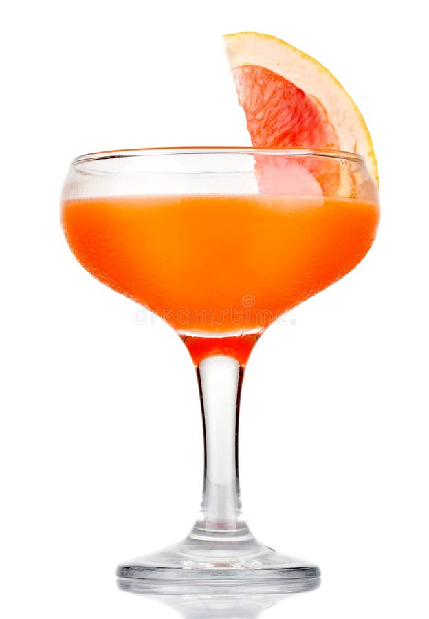 Orange alcohol cocktail with fruit slice isolated on white