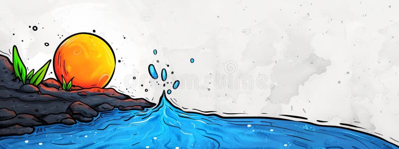 Orange atop rock by water's edge â€“ grass emerging vector illustration