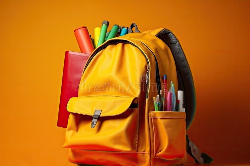 Orange Backpack, School Bag on Orange Background. AI Generative Stock