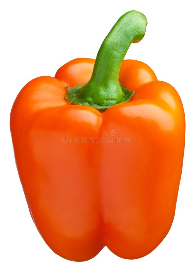 Macro ripe whole orange bell pepper, isolated on white background.