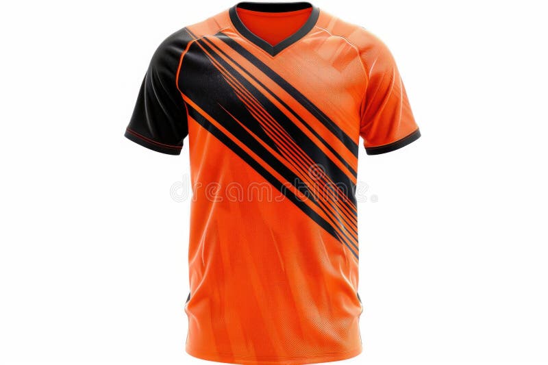 An orange and black soccer jersey on a white background stock images