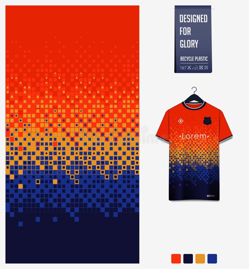 Orange blue geometry shape abstract background. Fabric pattern design for soccer jersey, football kit, sport uniform. T-shirt
